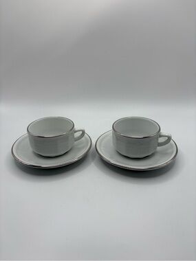 2 Apilco White Bistro Porcelain Espresso Cups & Saucers Silver Trim France VTG